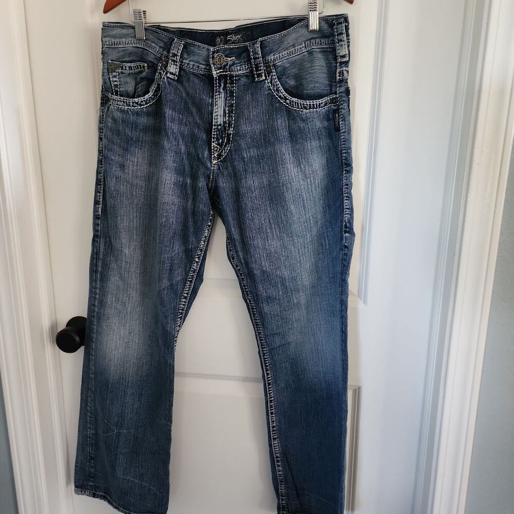 Silver Gordie Jeans Mens 34x30 Blue Dark Wash Thick Stitch Western Cowboy